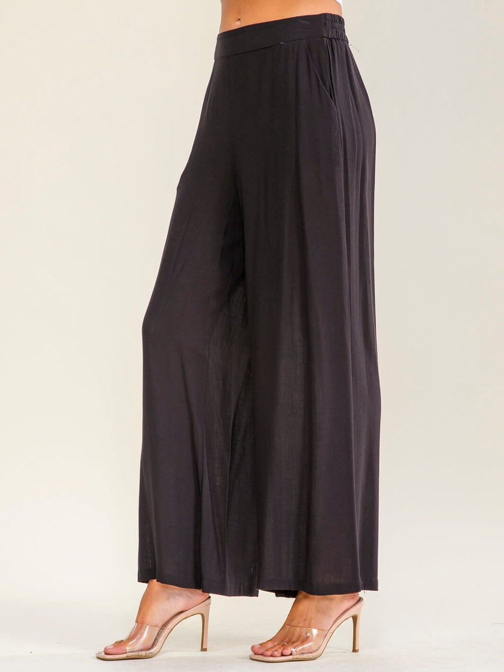 WOMEN'S ELASTIC WAIST FRONT POCKETS WIDE LEG SOLID PANTS