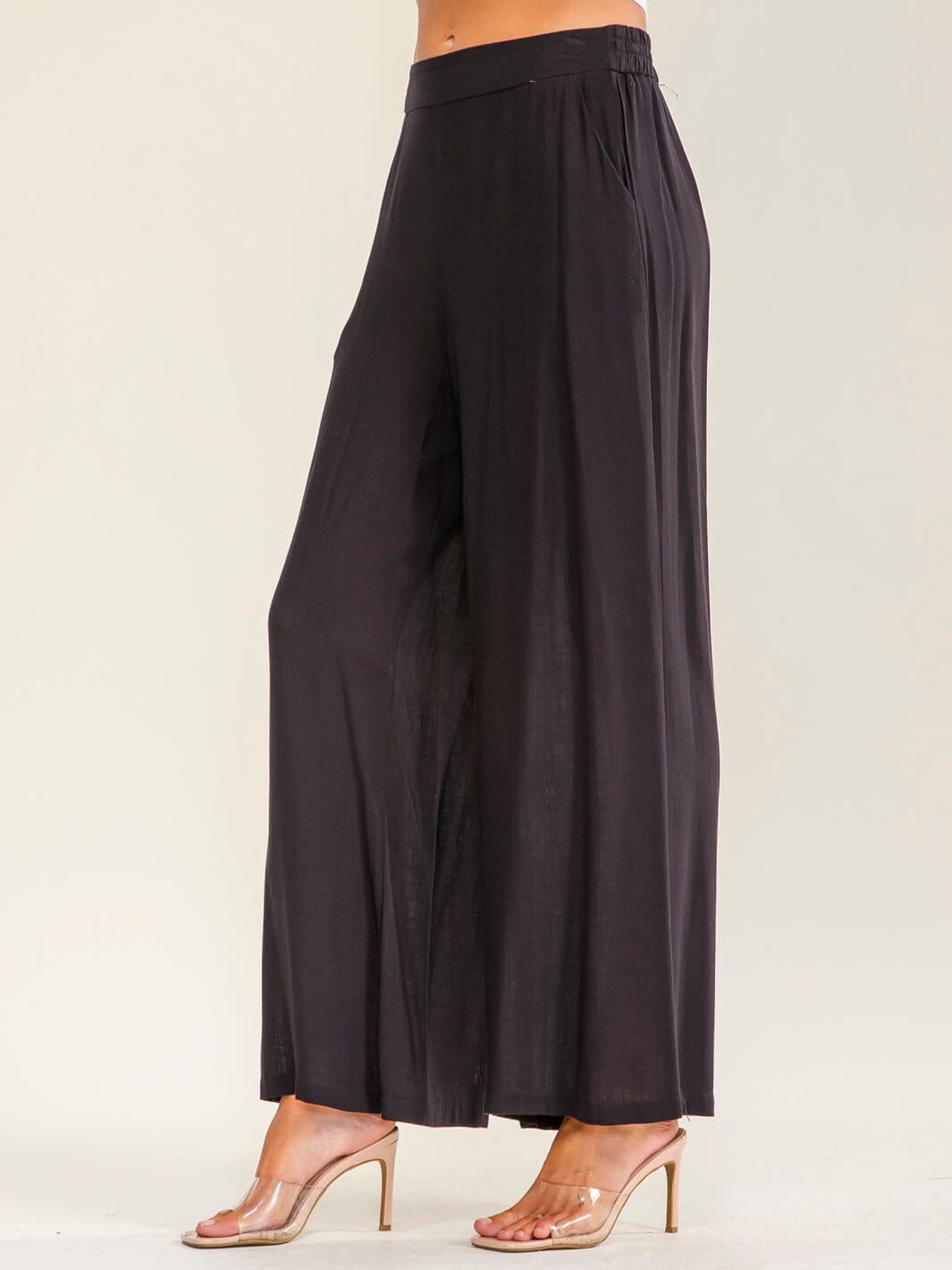 WOMEN'S ELASTIC WAIST FRONT POCKETS WIDE LEG SOLID PANTS