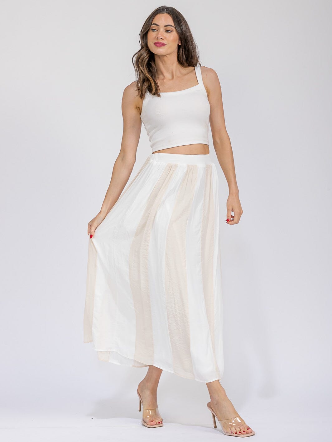 WOMEN'S ELASTIC WAIST FRONT POCKETS COLORBLOCK MAXI SKIRT