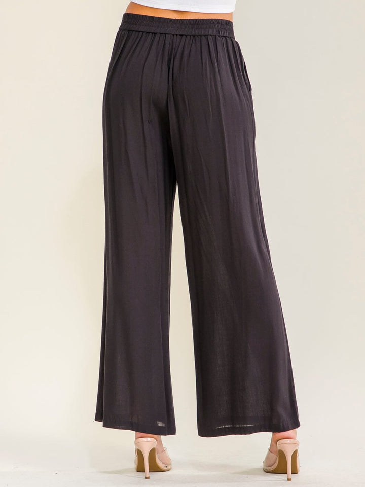 WOMEN'S ELASTIC WAIST FRONT POCKETS WIDE LEG SOLID PANTS
