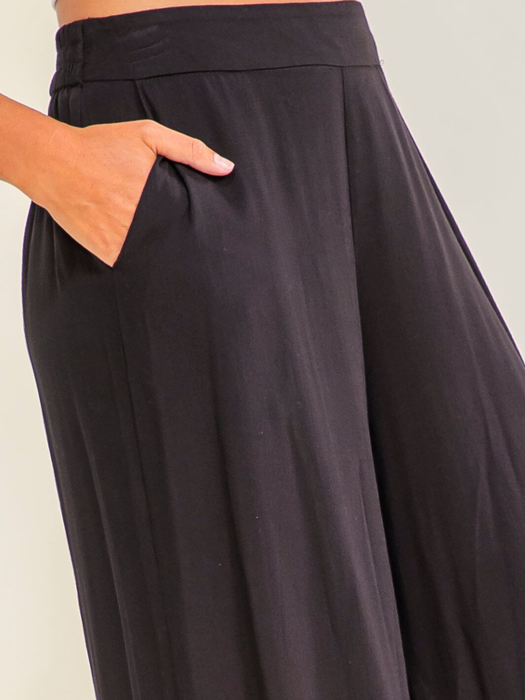 WOMEN'S ELASTIC WAIST FRONT POCKETS WIDE LEG SOLID PANTS