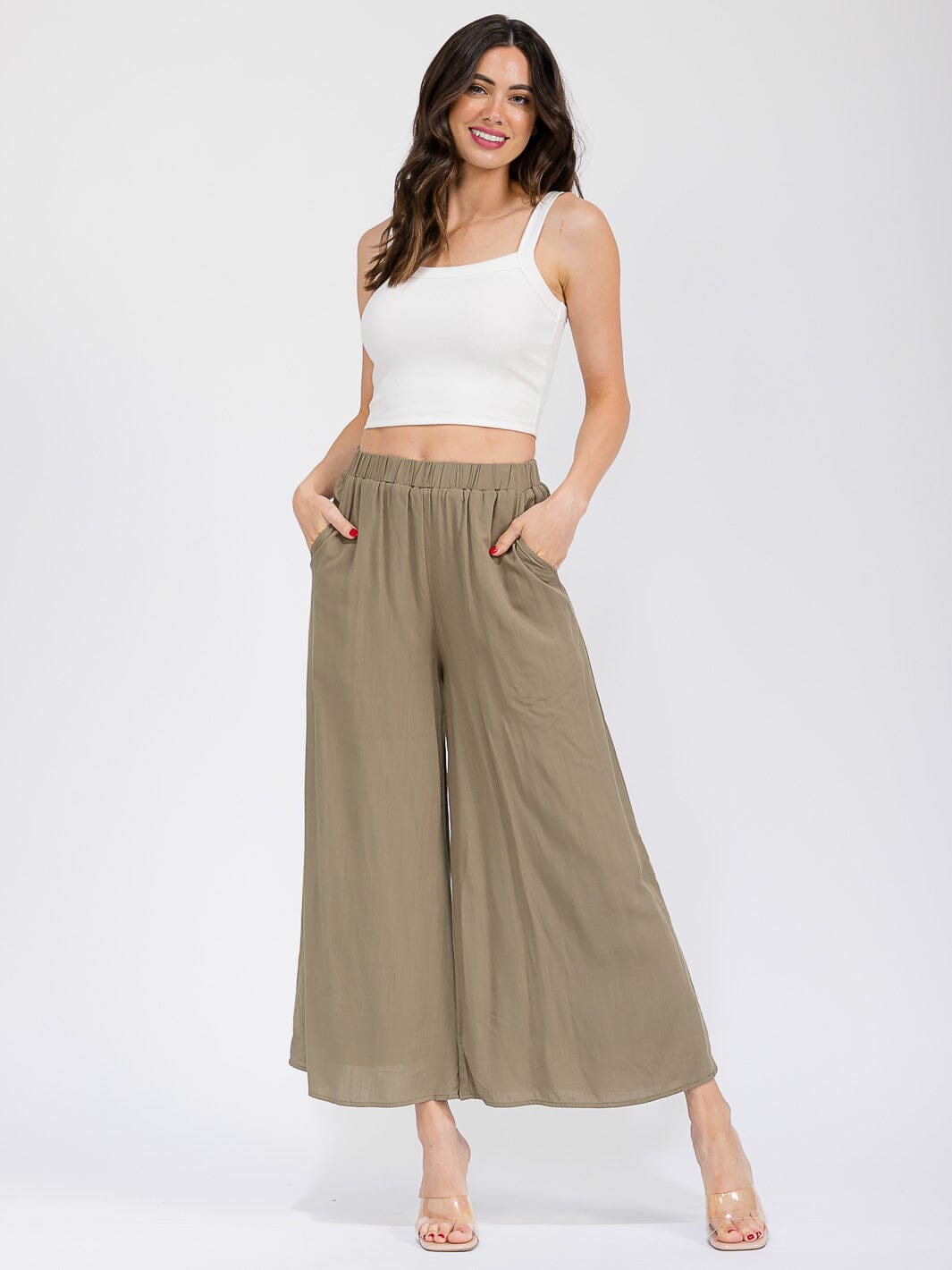WOMEN'S ELASTIC WAIST FRONT POCKETS WIDE LEG PANTS