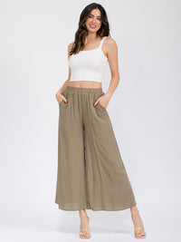 WOMEN'S ELASTIC WAIST FRONT POCKETS WIDE LEG PANTS
