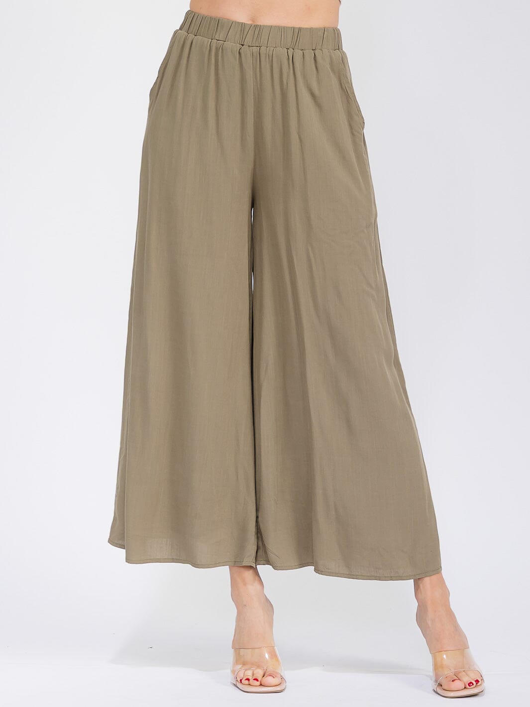 WOMEN'S ELASTIC WAIST FRONT POCKETS WIDE LEG PANTS
