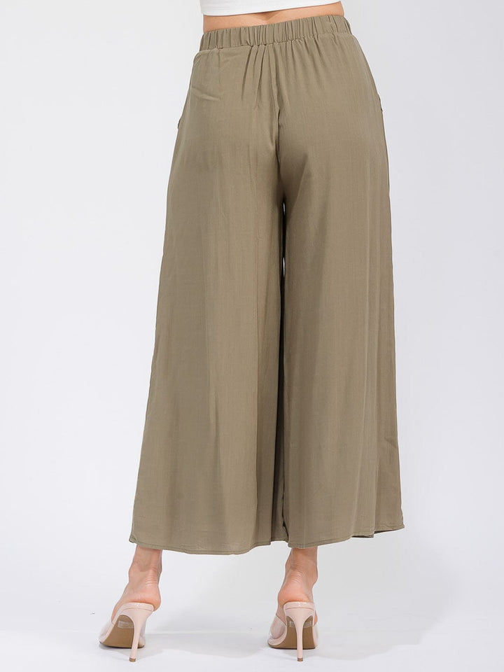 WOMEN'S ELASTIC WAIST FRONT POCKETS WIDE LEG PANTS