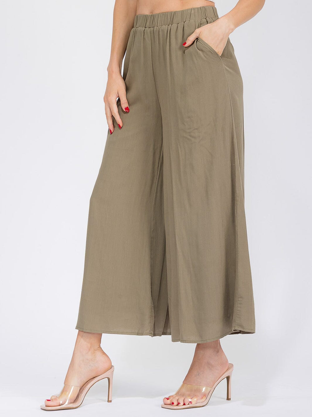 WOMEN'S ELASTIC WAIST FRONT POCKETS WIDE LEG PANTS
