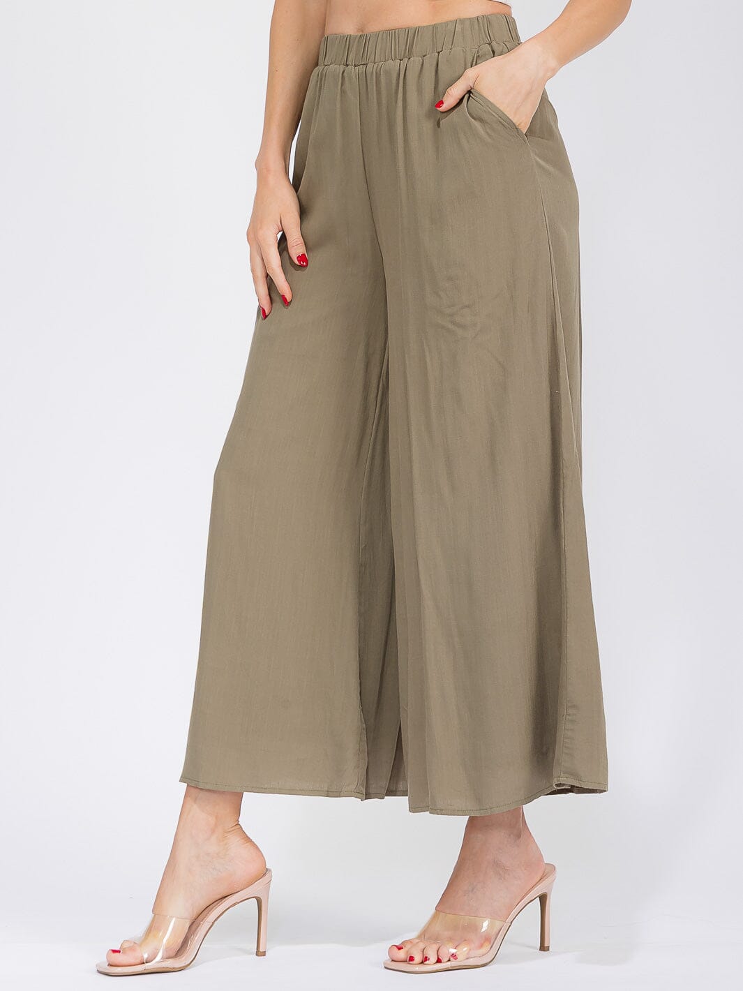 WOMEN'S ELASTIC WAIST FRONT POCKETS WIDE LEG PANTS