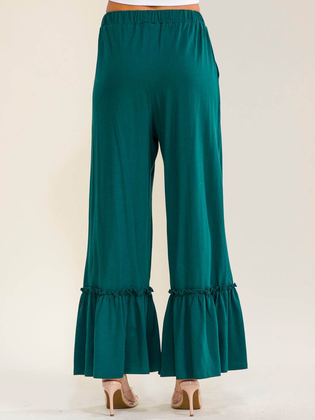 WOMEN'S ELASTIC WAIST FRONT POCKETS RUFFLE BOTTOM HEM PALAZZO PANTS