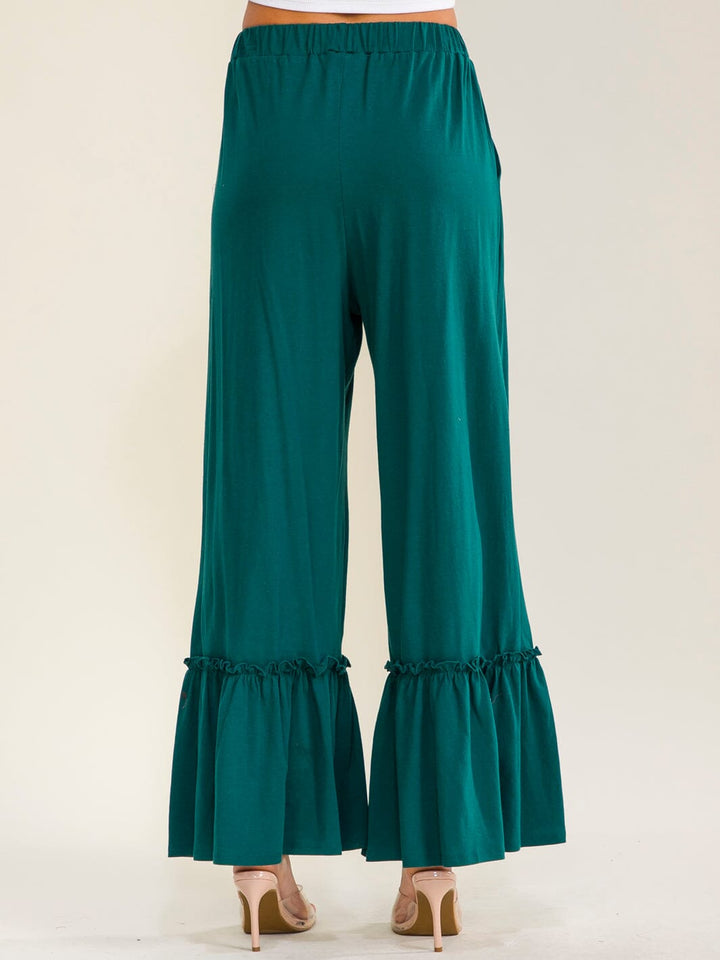 WOMEN'S ELASTIC WAIST FRONT POCKETS RUFFLE BOTTOM HEM PALAZZO PANTS