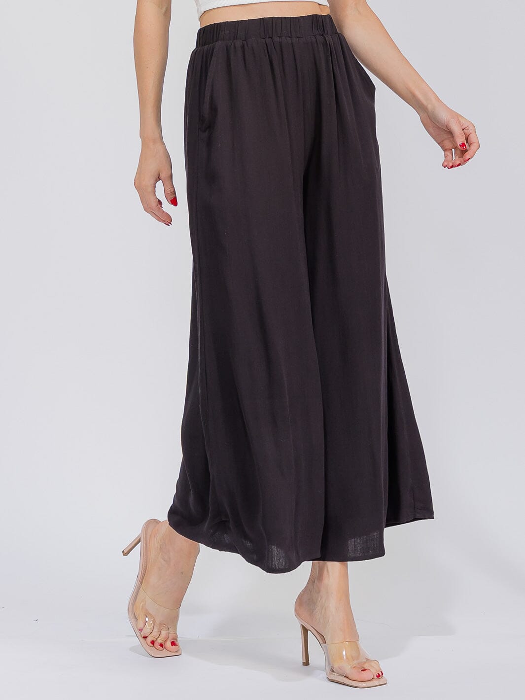 WOMEN'S ELASTIC WAIST FRONT POCKETS WIDE LEG PANTS