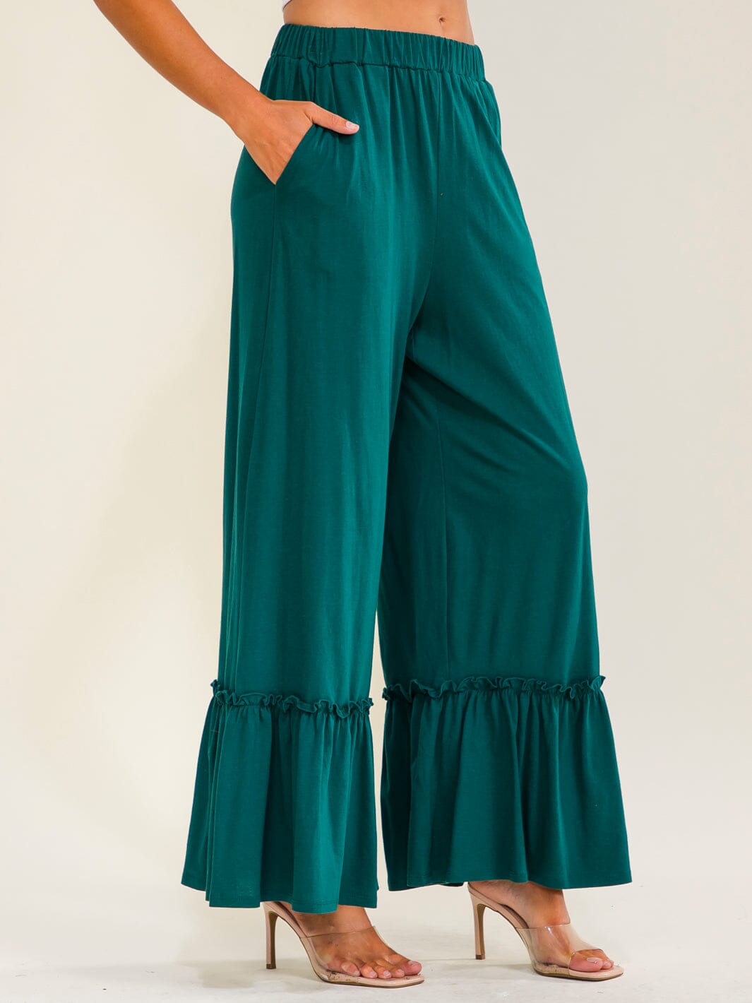 WOMEN'S ELASTIC WAIST FRONT POCKETS RUFFLE BOTTOM HEM PALAZZO PANTS