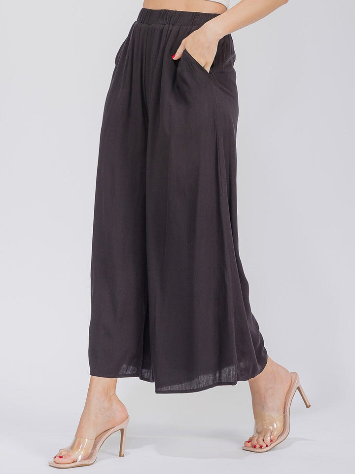 WOMEN'S ELASTIC WAIST FRONT POCKETS WIDE LEG PANTS