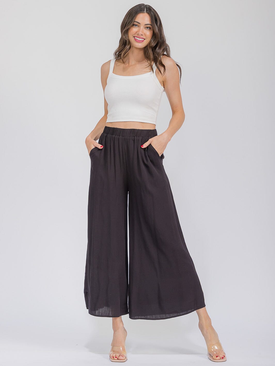 WOMEN'S ELASTIC WAIST FRONT POCKETS WIDE LEG PANTS
