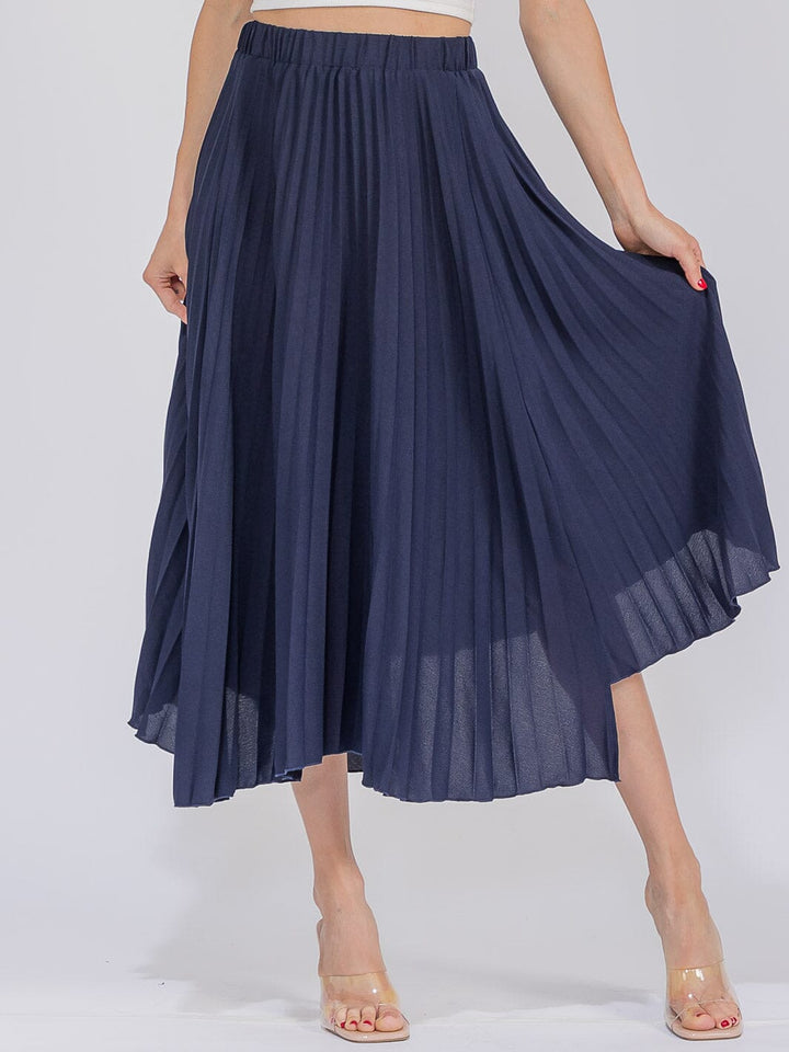 WOMEN'S ELASTIC WAIST HIGH-LOW PLEATED MAXI SKIRT