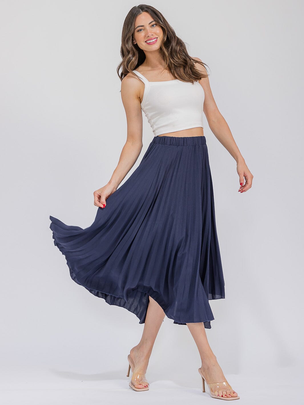 WOMEN'S ELASTIC WAIST HIGH-LOW PLEATED MAXI SKIRT