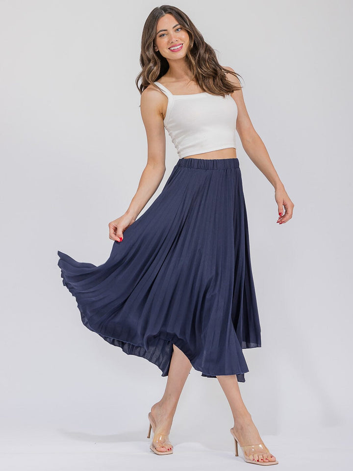 WOMEN'S ELASTIC WAIST HIGH-LOW PLEATED MAXI SKIRT