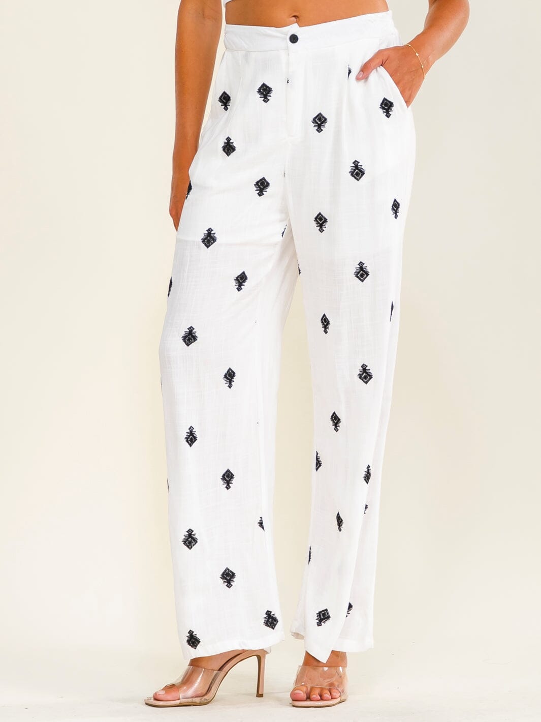 WOMEN'S ELASTIC WAIST BUTTON CLOSURE FRONT POCKETS WIDE LEG EMBROIDERY PANTS