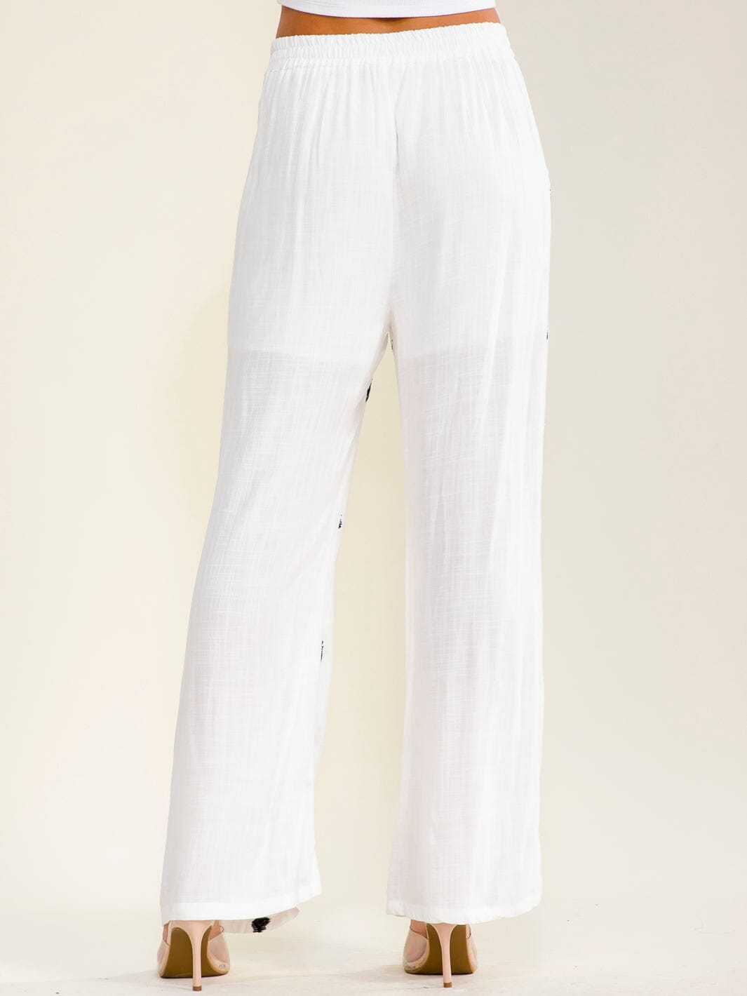 WOMEN'S ELASTIC WAIST BUTTON CLOSURE FRONT POCKETS WIDE LEG EMBROIDERY PANTS