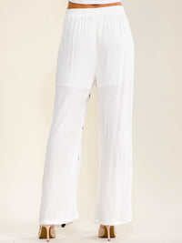 WOMEN'S ELASTIC WAIST BUTTON CLOSURE FRONT POCKETS WIDE LEG EMBROIDERY PANTS