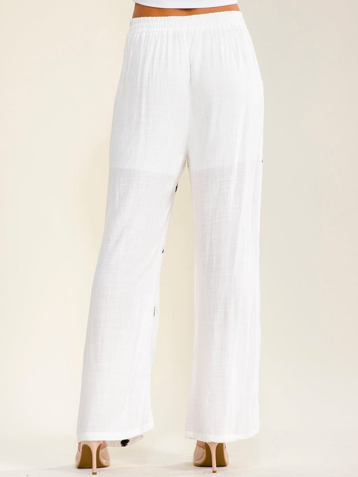 WOMEN'S ELASTIC WAIST BUTTON CLOSURE FRONT POCKETS WIDE LEG EMBROIDERY PANTS