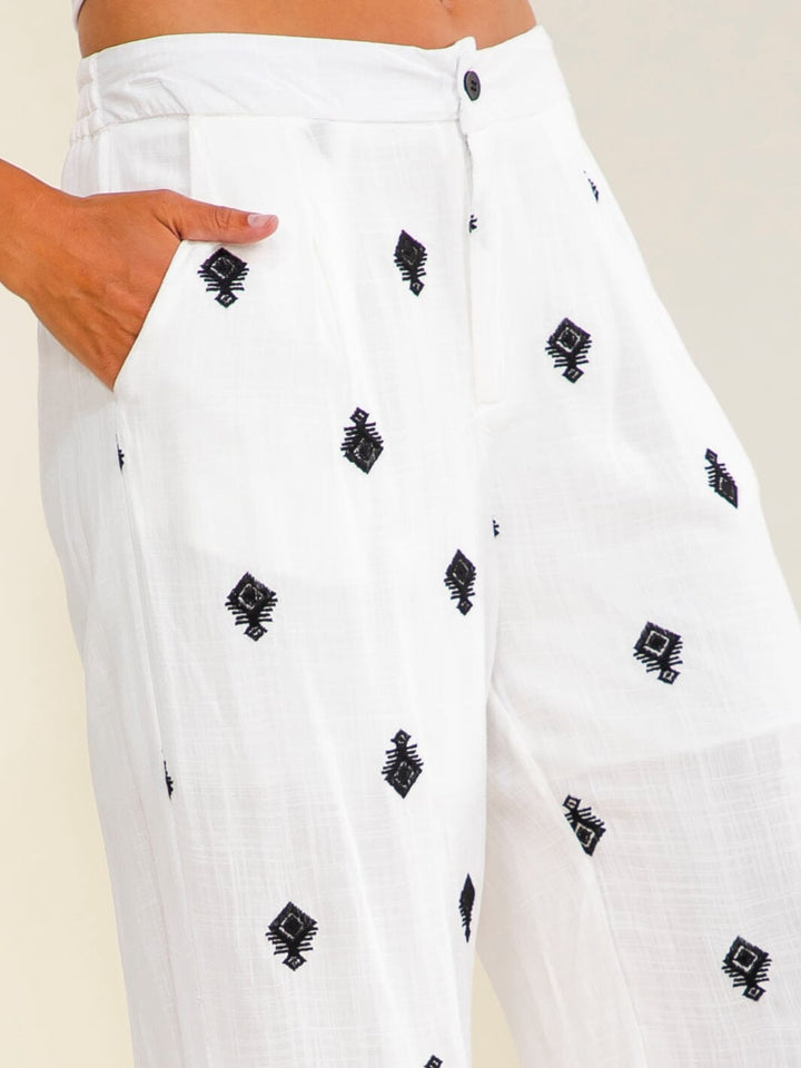WOMEN'S ELASTIC WAIST BUTTON CLOSURE FRONT POCKETS WIDE LEG EMBROIDERY PANTS