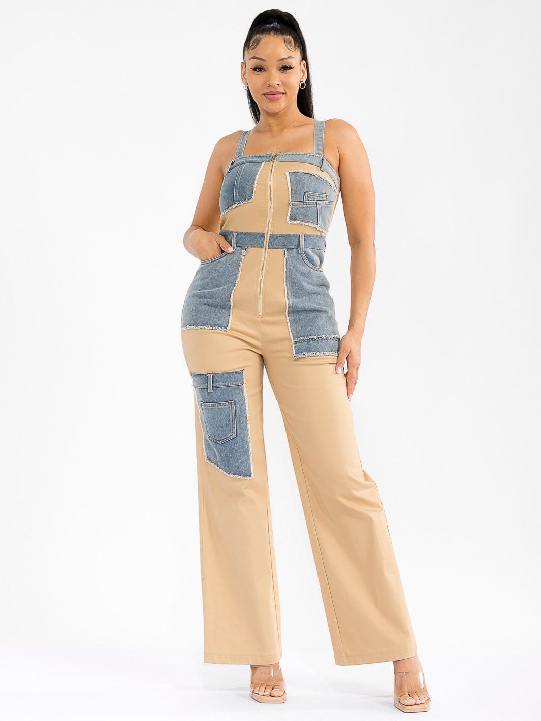WOMEN'S SLEEVELESS ZIP UP POCKETS DENIM CONTRAST WIDE LEG JUMPSUIT