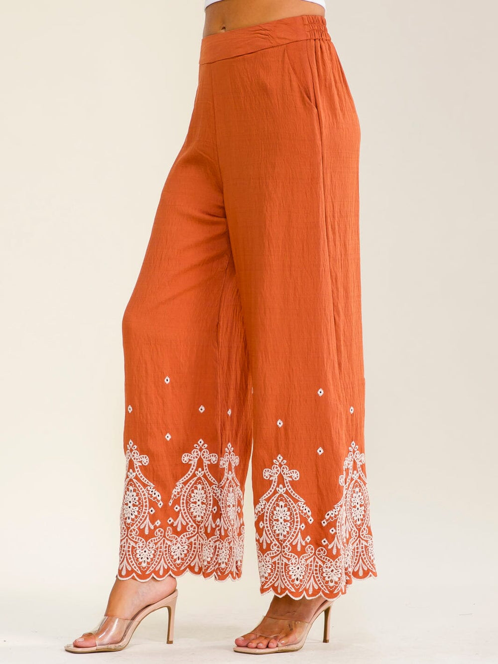 WOMEN'S ELASTIC WAIST FRONT POCKETS WIDE LEG EMBROIDERY PANTS