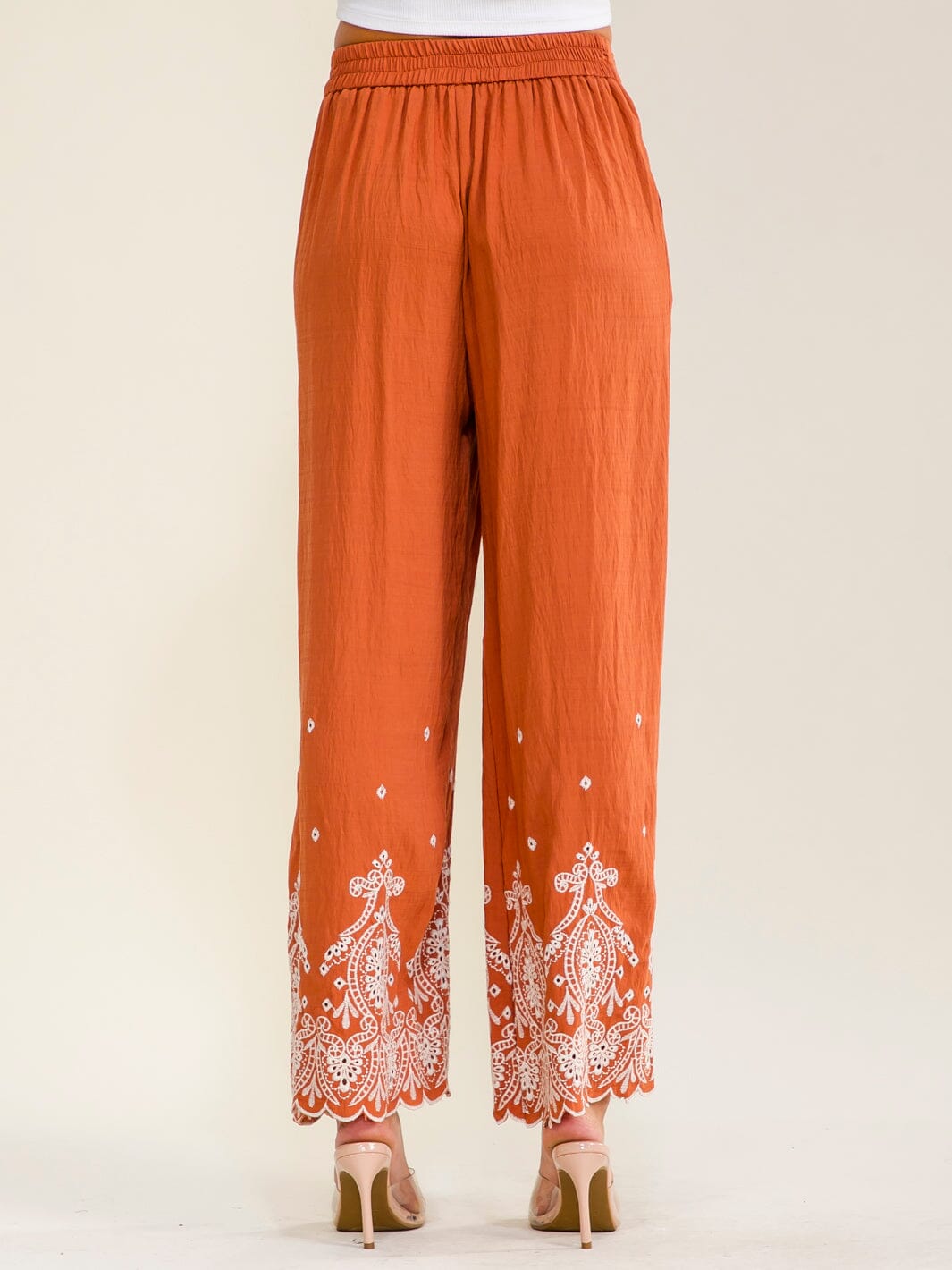 WOMEN'S ELASTIC WAIST FRONT POCKETS WIDE LEG EMBROIDERY PANTS