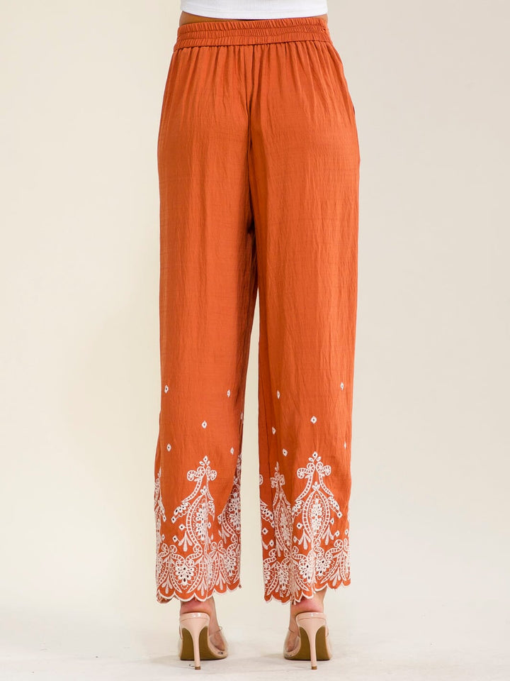 WOMEN'S ELASTIC WAIST FRONT POCKETS WIDE LEG EMBROIDERY PANTS