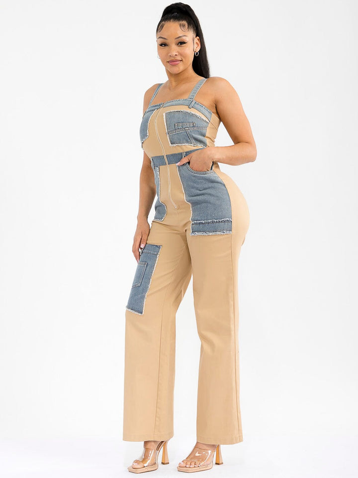 WOMEN'S SLEEVELESS ZIP UP POCKETS DENIM CONTRAST WIDE LEG JUMPSUIT