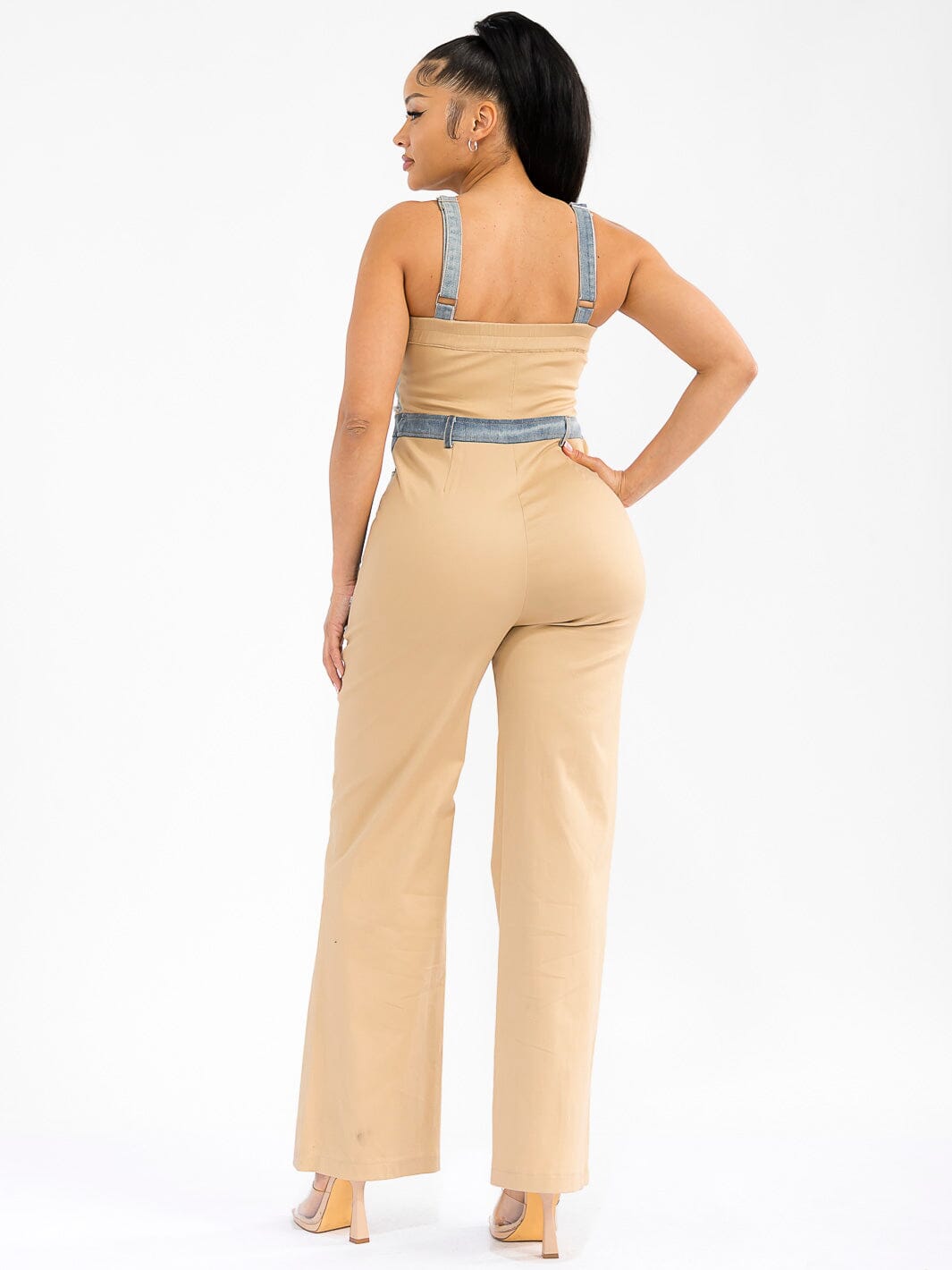 WOMEN'S SLEEVELESS ZIP UP POCKETS DENIM CONTRAST WIDE LEG JUMPSUIT