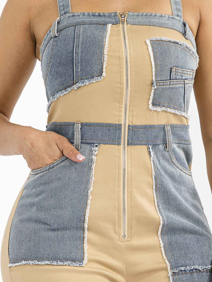WOMEN'S SLEEVELESS ZIP UP POCKETS DENIM CONTRAST WIDE LEG JUMPSUIT
