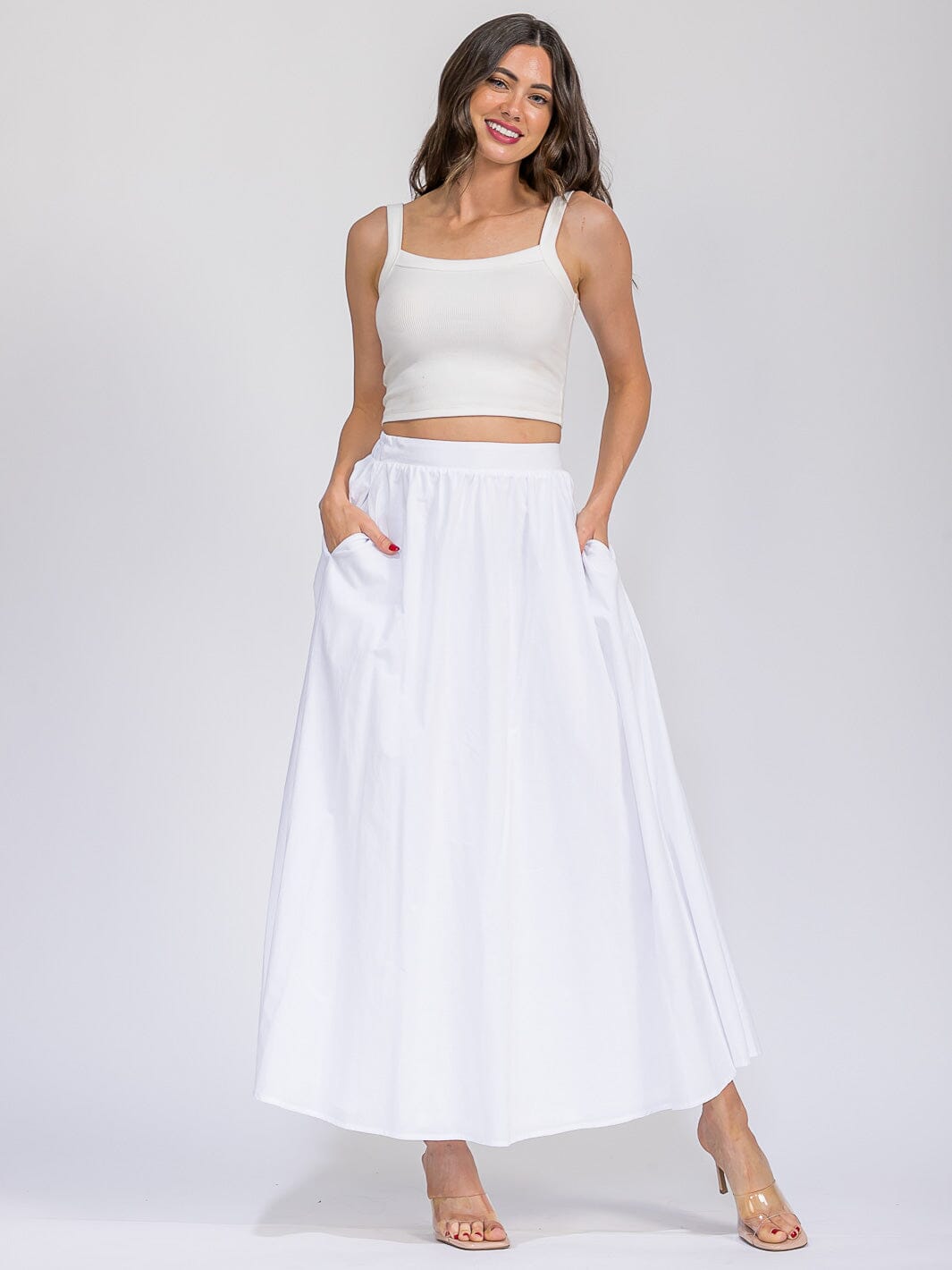 WOMEN'S ELASTIC WAIST FRONT POCKETS MAXI SKIRT