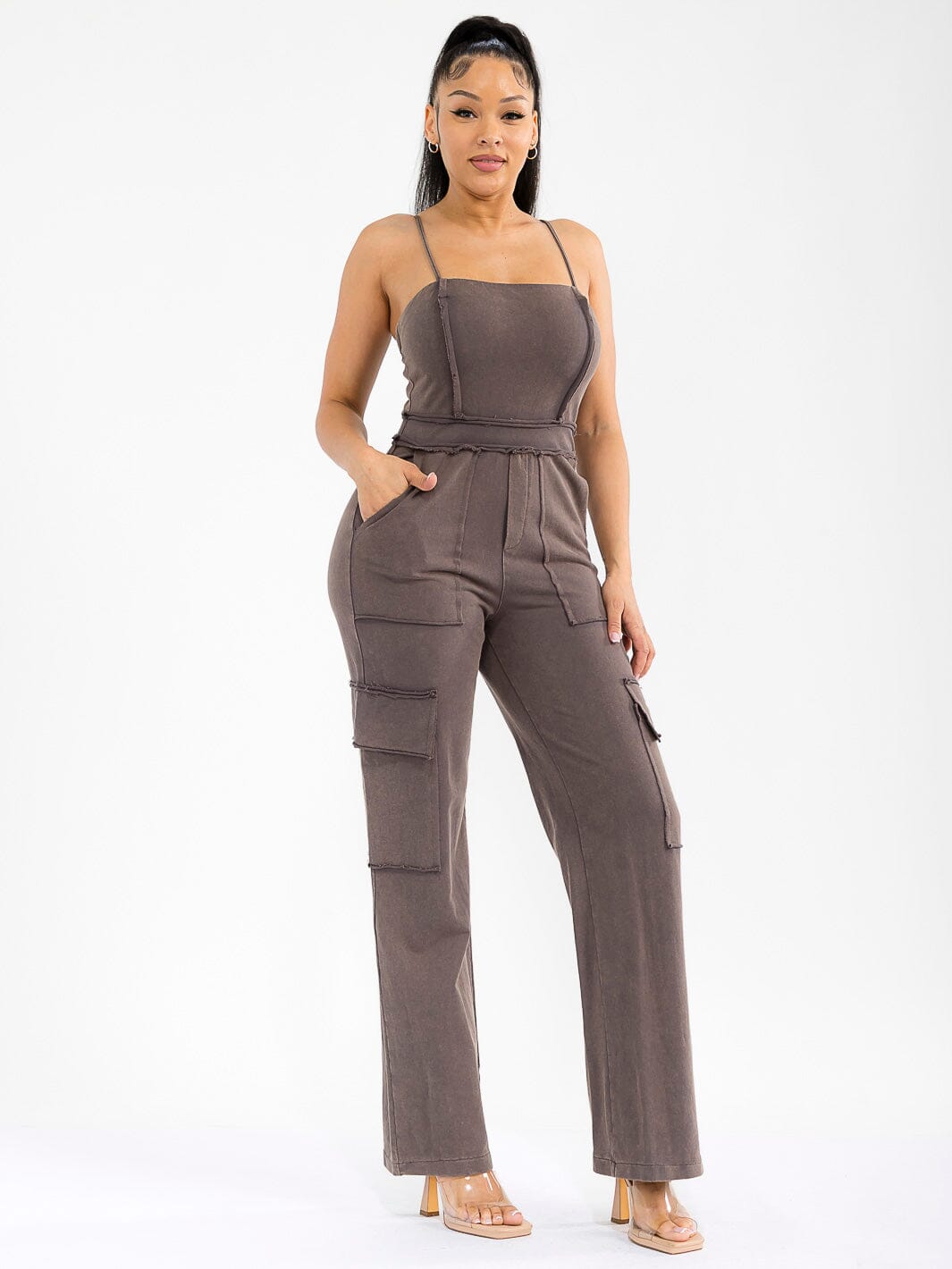 WOMEN'S SLEEVELESS CARGO POCKETS WASHED WIDE LEG JUMPSUIT