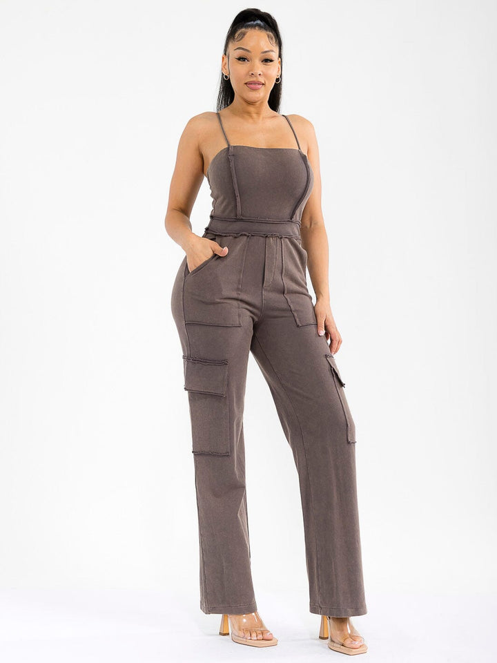 WOMEN'S SLEEVELESS CARGO POCKETS WASHED WIDE LEG JUMPSUIT