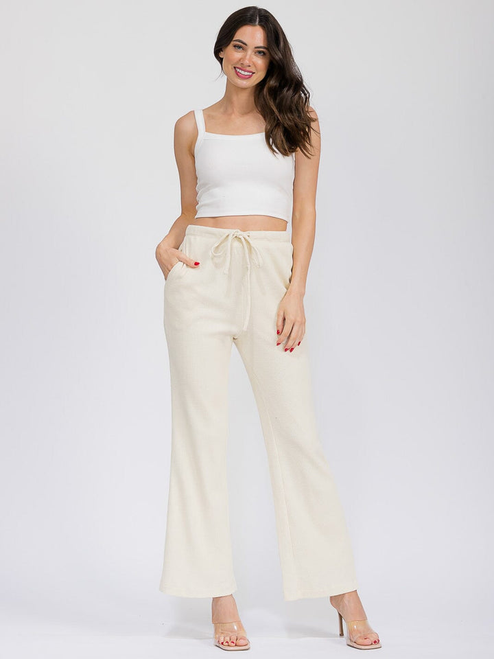WOMEN'S ELASTIC WAIST FRONT POCKETS WIDE LEG RIBBED PANTS