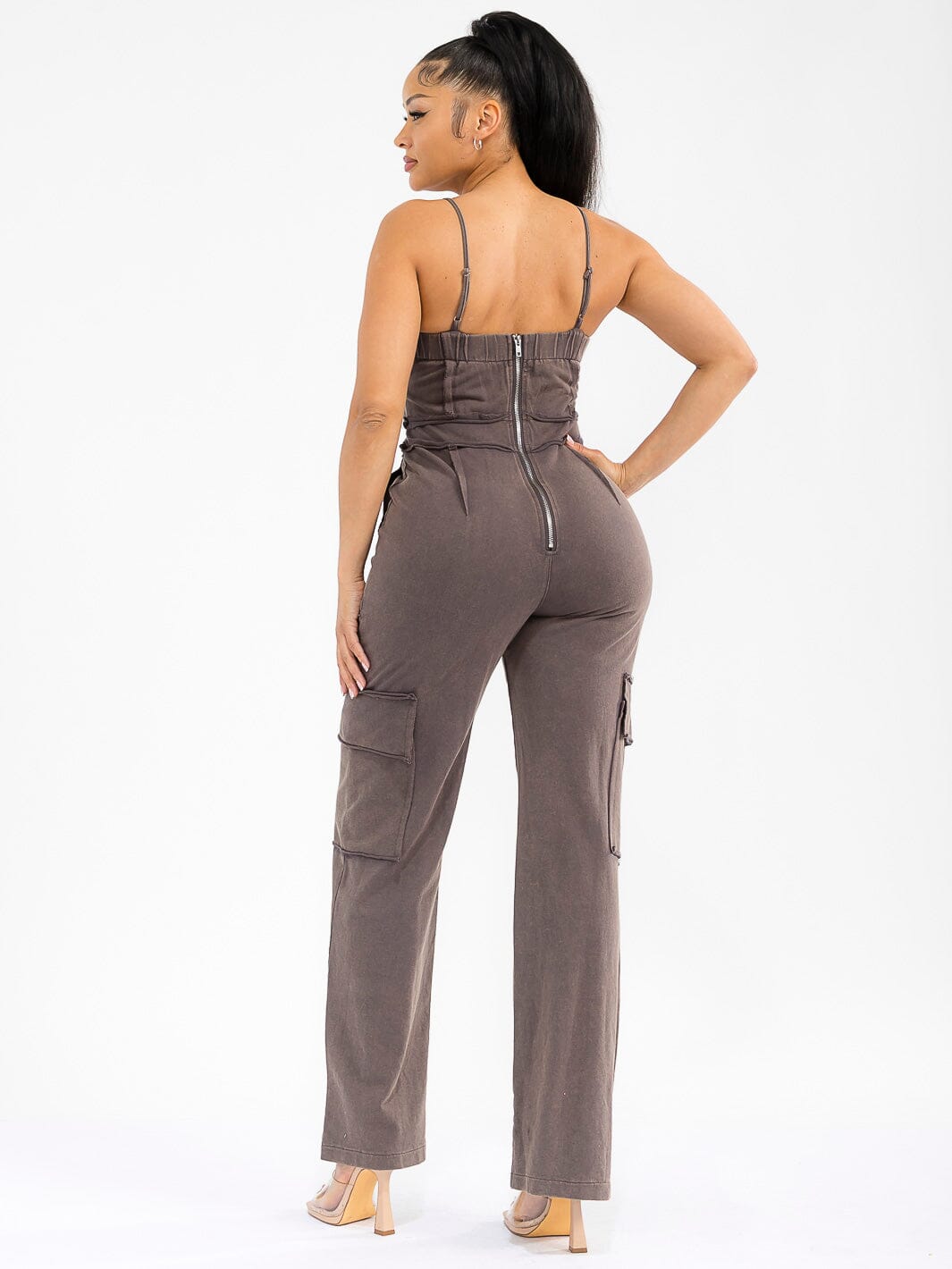 WOMEN'S SLEEVELESS CARGO POCKETS WASHED WIDE LEG JUMPSUIT