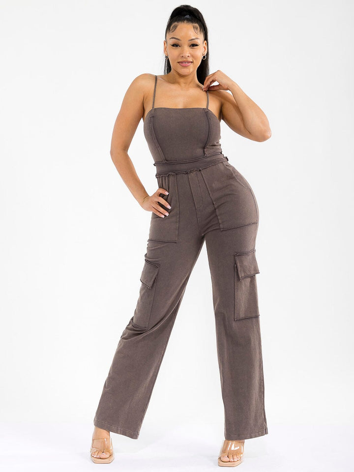 WOMEN'S SLEEVELESS CARGO POCKETS WASHED WIDE LEG JUMPSUIT