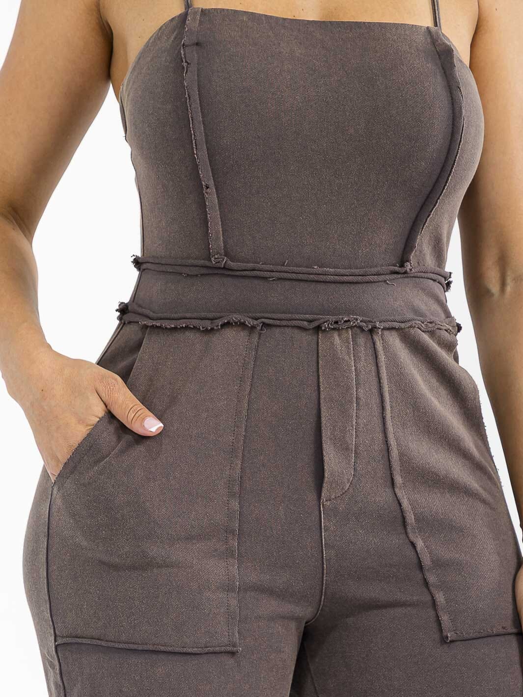 WOMEN'S SLEEVELESS CARGO POCKETS WASHED WIDE LEG JUMPSUIT