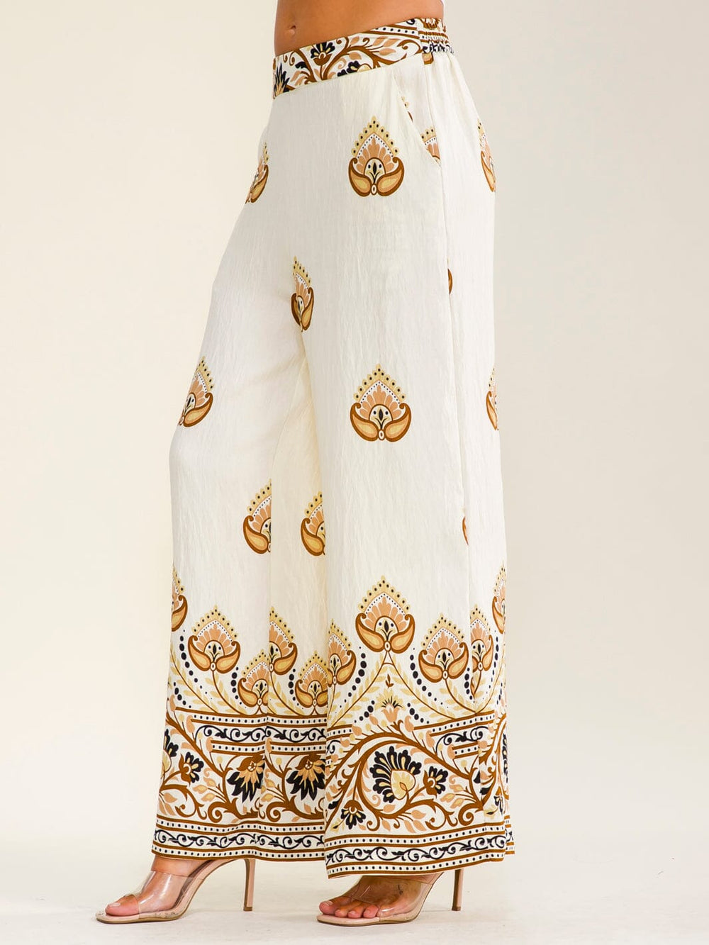 WOMEN'S ELASTIC WAIST FRONT POCKETS WIDE LEG MULTI PRINT PANTS