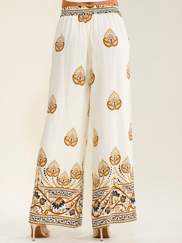 WOMEN'S ELASTIC WAIST FRONT POCKETS WIDE LEG MULTI PRINT PANTS