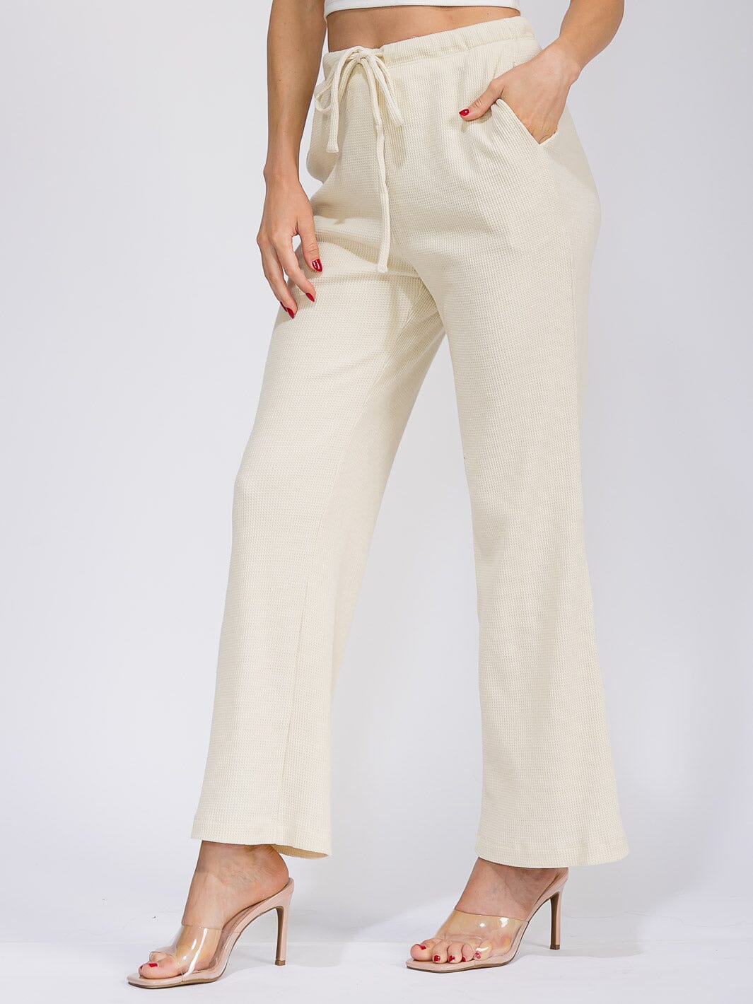WOMEN'S ELASTIC WAIST FRONT POCKETS WIDE LEG RIBBED PANTS