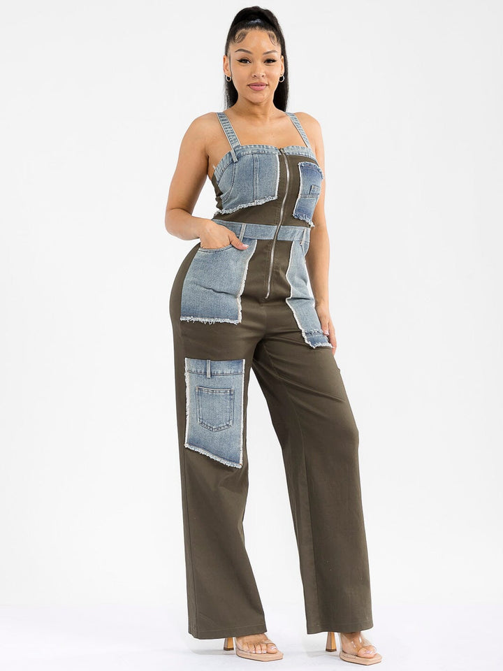 WOMEN'S SLEEVELESS ZIP UP POCKETS DENIM CONTRAST WIDE LEG JUMPSUIT