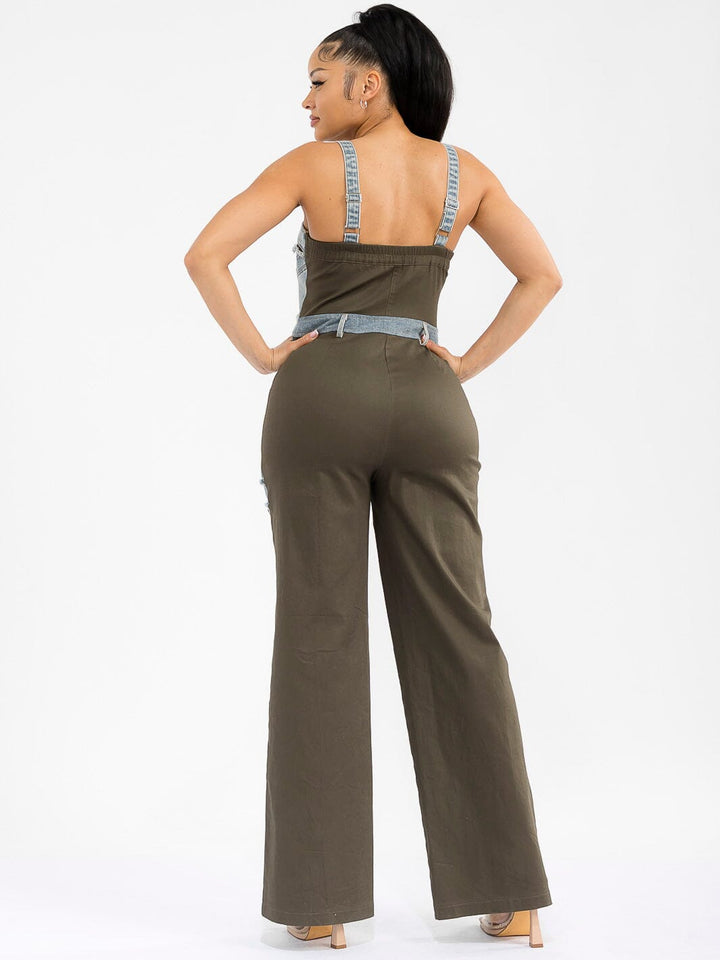 WOMEN'S SLEEVELESS ZIP UP POCKETS DENIM CONTRAST WIDE LEG JUMPSUIT