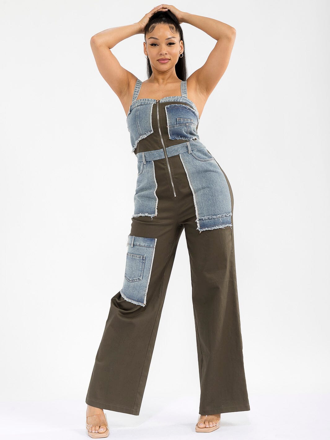 WOMEN'S SLEEVELESS ZIP UP POCKETS DENIM CONTRAST WIDE LEG JUMPSUIT