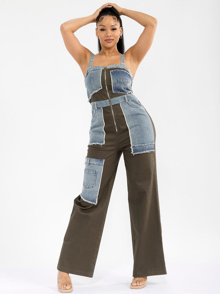 WOMEN'S SLEEVELESS ZIP UP POCKETS DENIM CONTRAST WIDE LEG JUMPSUIT