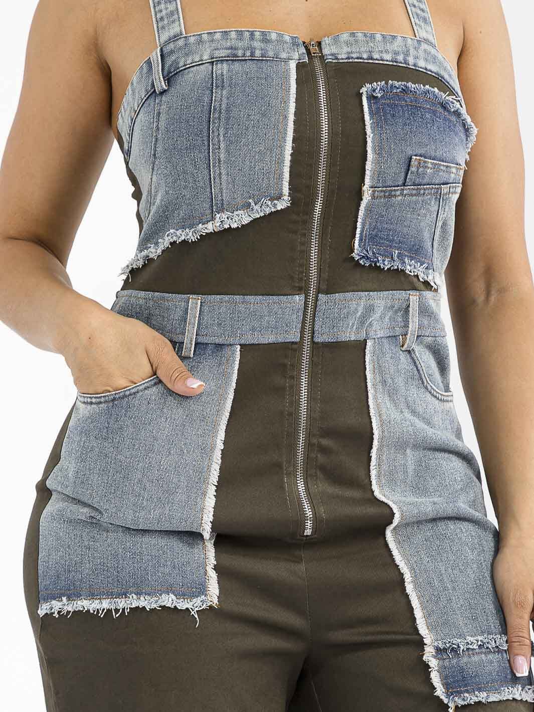WOMEN'S SLEEVELESS ZIP UP POCKETS DENIM CONTRAST WIDE LEG JUMPSUIT