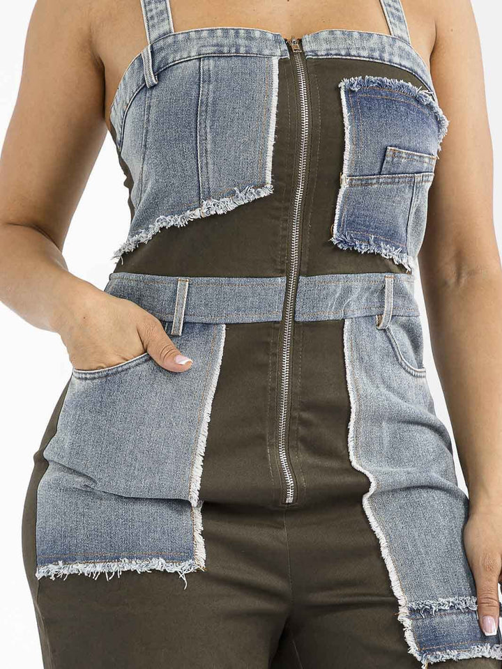 WOMEN'S SLEEVELESS ZIP UP POCKETS DENIM CONTRAST WIDE LEG JUMPSUIT