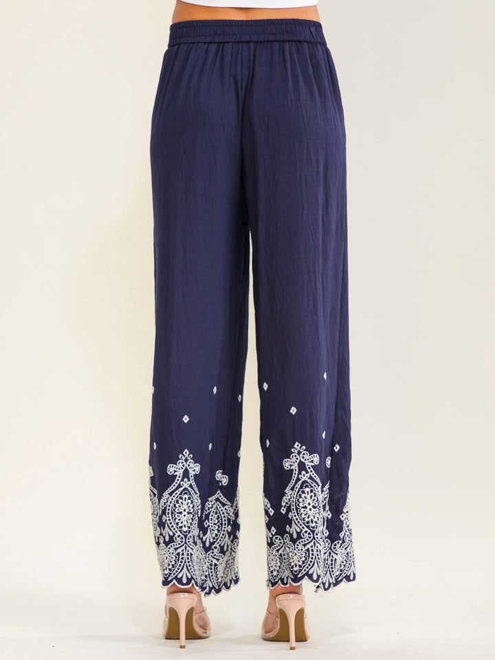 WOMEN'S ELASTIC WAIST FRONT POCKETS WIDE LEG EMBROIDERY PANTS