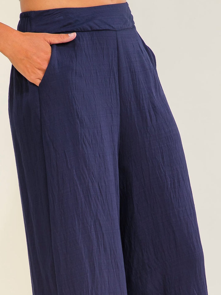 WOMEN'S ELASTIC WAIST FRONT POCKETS WIDE LEG EMBROIDERY PANTS